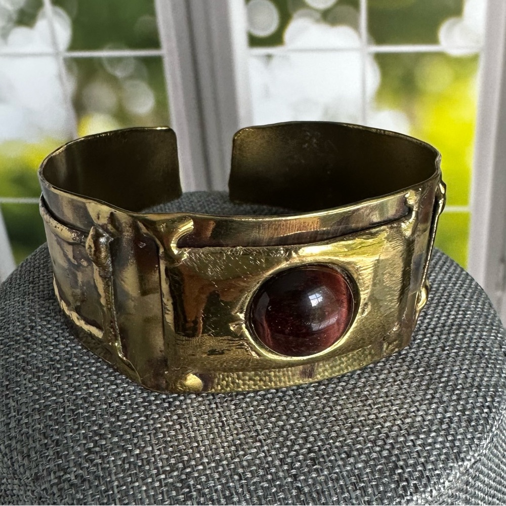 Handmade Vintage Brass Cuff Bracelet with Tigers Eye Stone